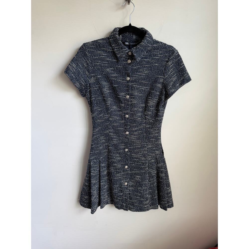 Zara Short Sleeve Collared Ruffle Hem Button-Up Tweed Mini Dress Navy White S - Picture 4 of 10